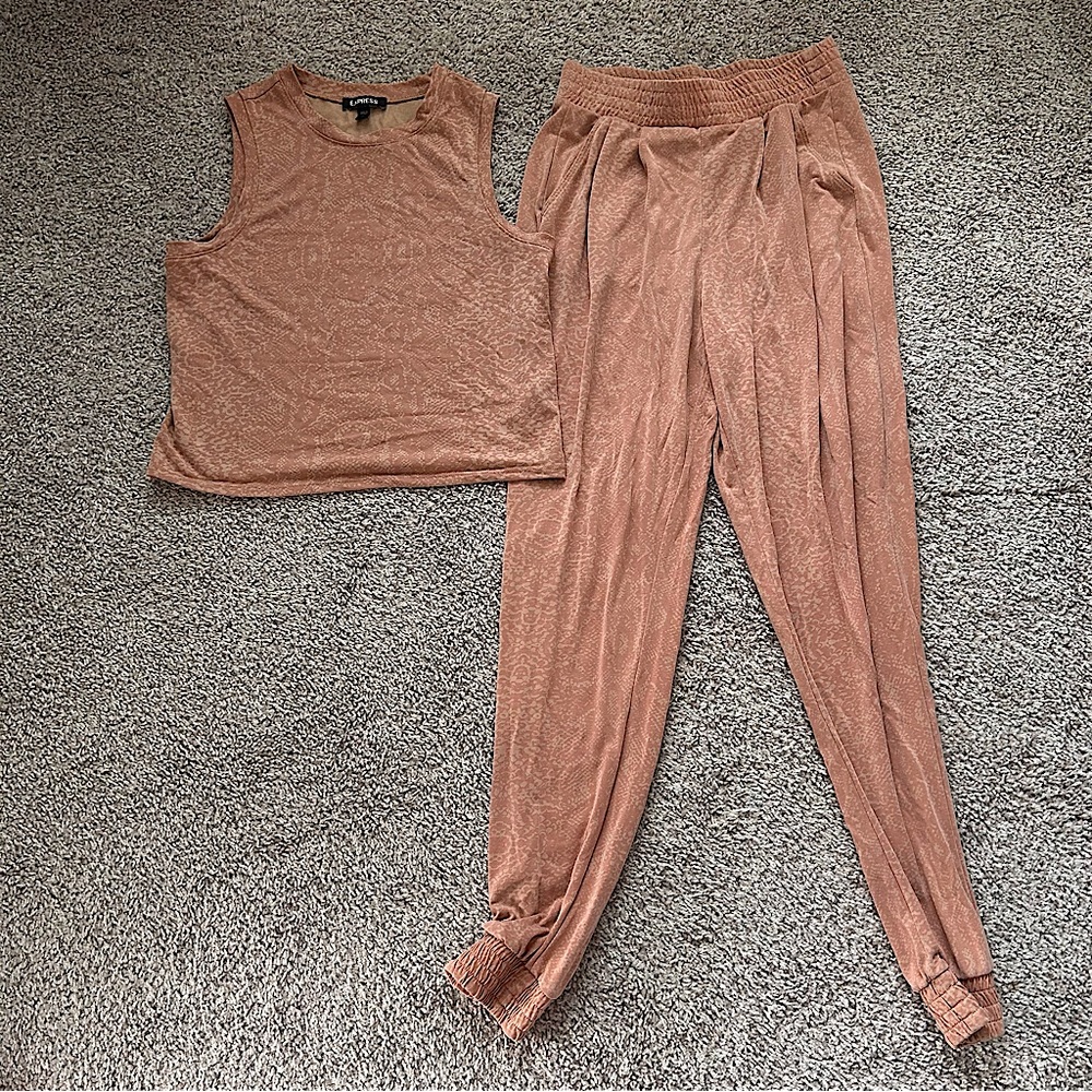 EXPRESS Neutral Animal Print Luxe Loungewear Tank & Jogger Set in XS